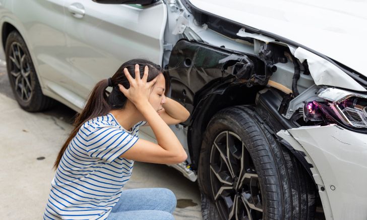 A woman with a pained expression holds her head beside a damaged vehicle reflecting the consequences of a car accident in Singapore